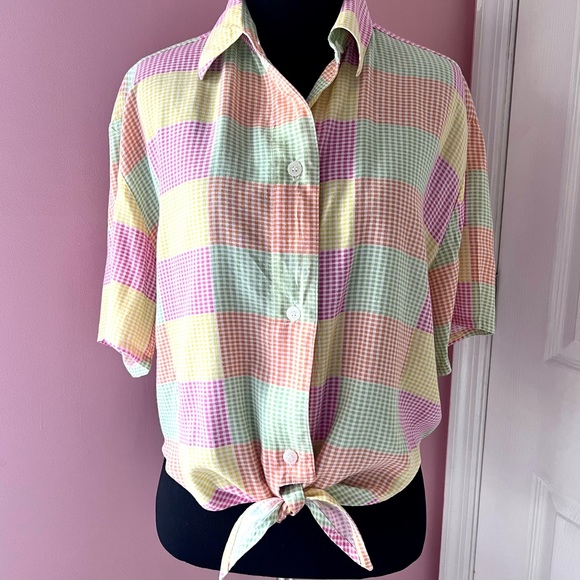 Vintage JORDACHE Short Sleeve Gingham Tie Front Button Down Women’s Size Large - Picture 1 of 7
